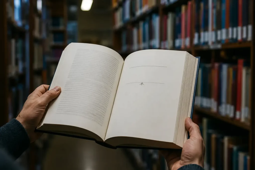 Dłonie trzymające otwartą grubą książkę naukową na tle rozmytego regału bibliotecznego, ostre światło punktowe na stronie tytułowej rozdziału. 