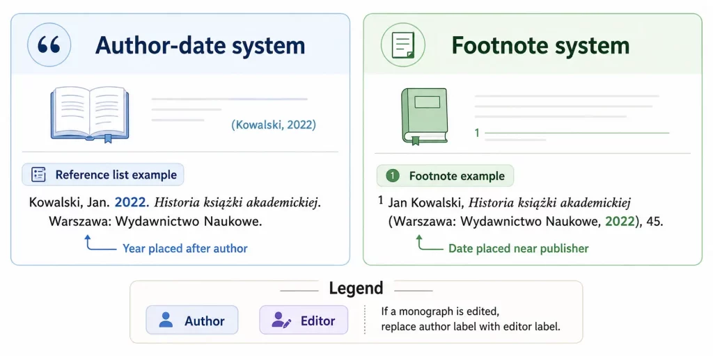 Jak zapisać monografię w bibliografii – schemat dla obu systemów. 