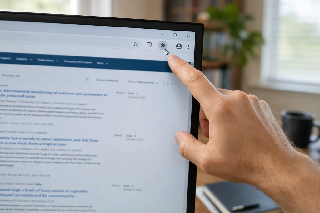 Dłoń klikająca ikonę konektora Zotero w pasku przeglądarki na ekranie monitora, widoczna lista wyników wyszukiwania bazy naukowej w tle, biuro domowe.
