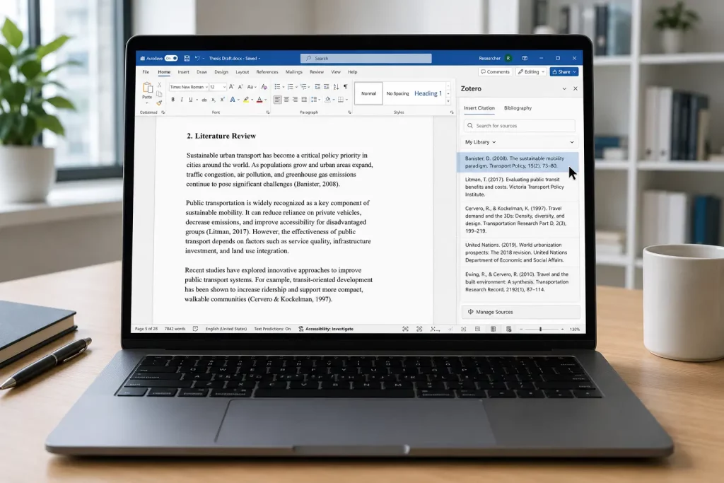Otwarty edytor tekstu na ekranie laptopa z widocznym oknem wtyczki Zotero wyświetlającym listę źródeł do wyboru, kursor myszy nad jedną z pozycji, jasne biuro. 
