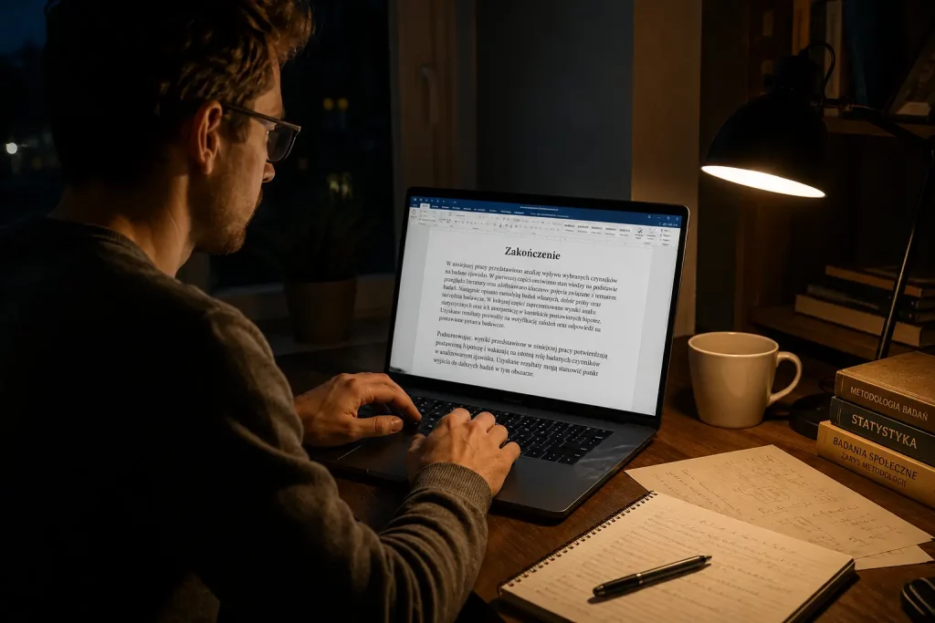 Doktorantka siedząca przy biurku w nocy, pisząca ostatnie zdanie pracy dyplomowej na laptopie, na ekranie widoczny nagłówek "Zakończenie", ciepłe światło lampki w ciemnym pokoju. 