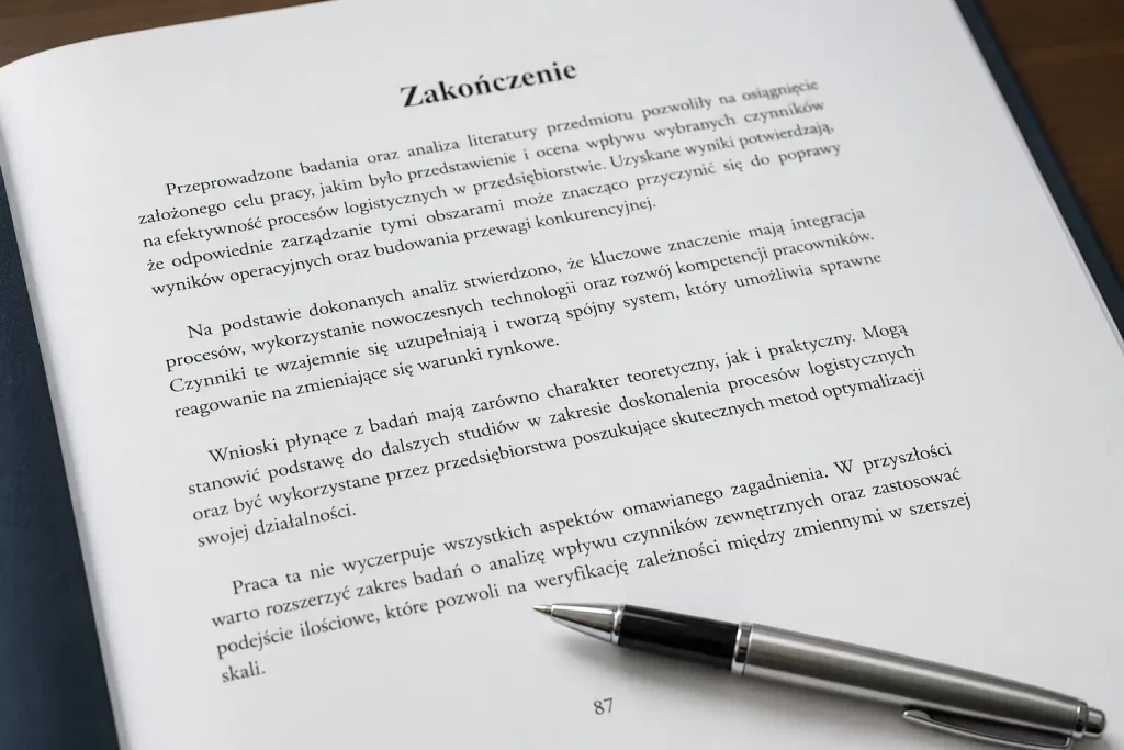 Zbliżenie na wydrukowaną ostatnią stronę pracy dyplomowej z widocznym nagłówkiem "Zakończenie" i czterema wyraźnie wydzielonymi akapitami, długopis leżący na stronie.