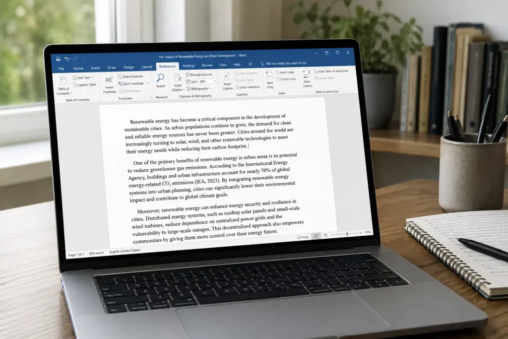 Otwarty laptop z dokumentem w edytorze tekstu, widoczny kursor w miejscu wstawiania przypisu i panel zakładki "Odwołania" rozwinięty na górze ekranu, biurko z notatnikiem obok.