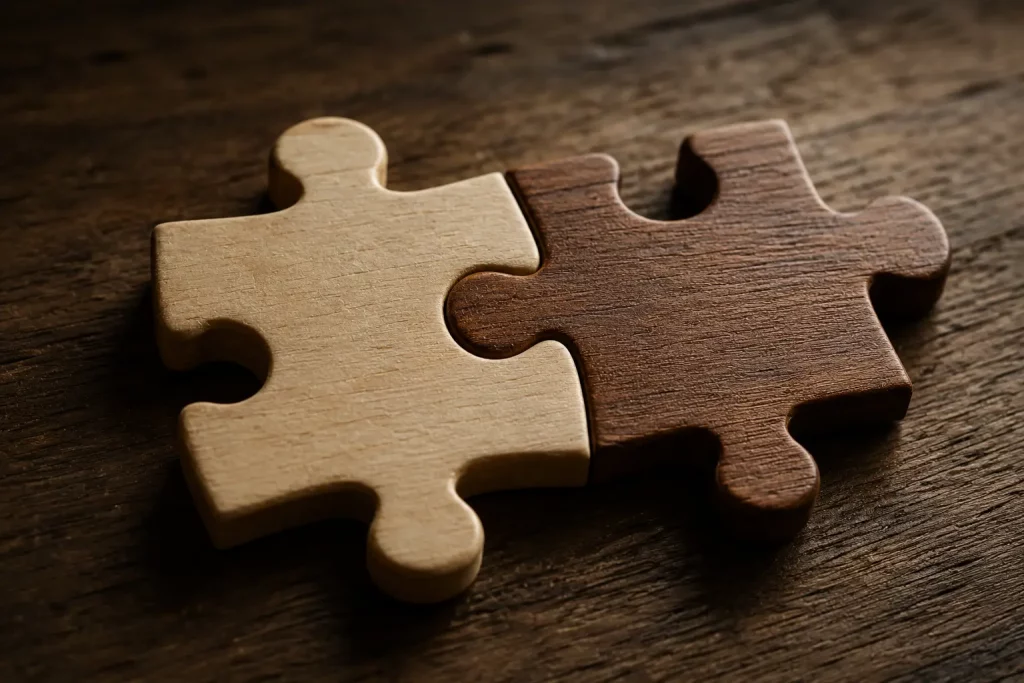 Para zazębionych elementów puzzli leżących na drewnianym stole z bliska, jeden element jasnobeżowy, drugi ciemniejszy, kontrastowe boczne światło podkreślające krawędzie.