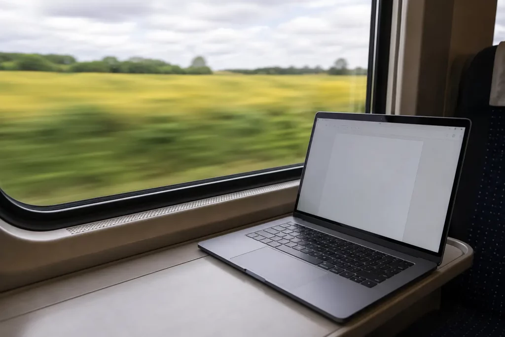 Widok przez okno pociągu na rozmyte pola w ruchu, na parapecie pod oknem leżący otwarty laptop z pustym dokumentem tekstowym, podróż jako metafora rozpoczynania pracy w nietypowych warunkach.