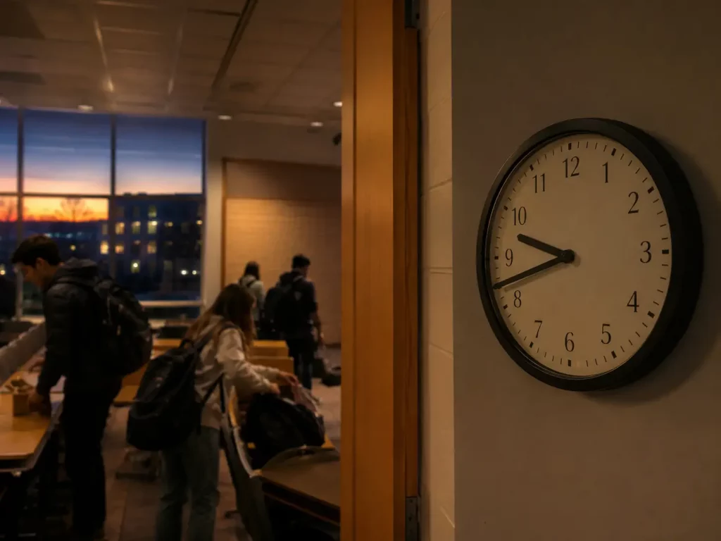zegar ścienny w sali wykładowej, rozmyte sylwetki studentów w tle, wieczorne światło korytarza