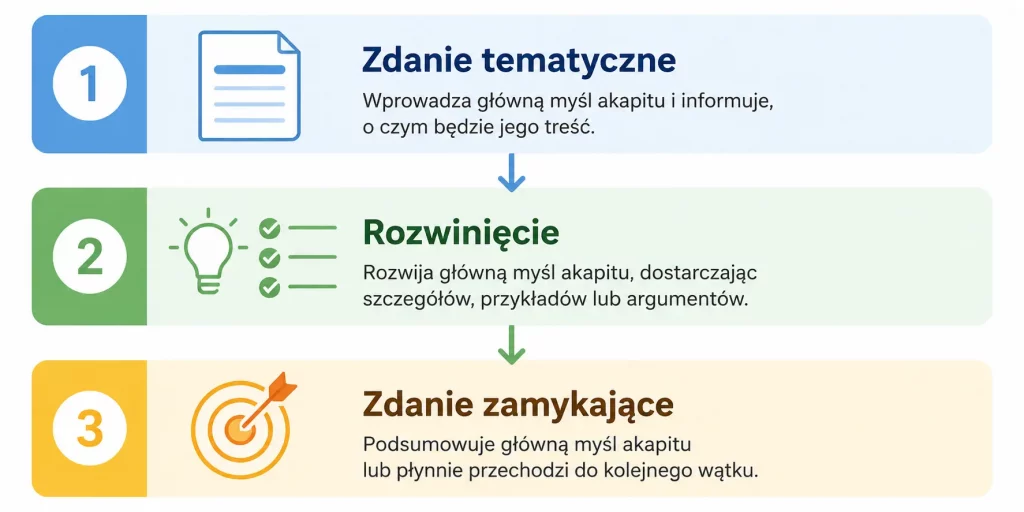 schemat przedstawiający trzy części akapitu – zdanie tematyczne, rozwinięcie, domknięcie – wraz z zasadami łączenia akapitów