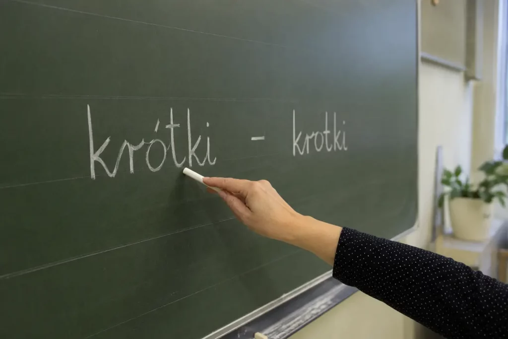 zeszyt z dyktandem i poprawkami czerwonym długopisem, ciepłe popołudniowe światło