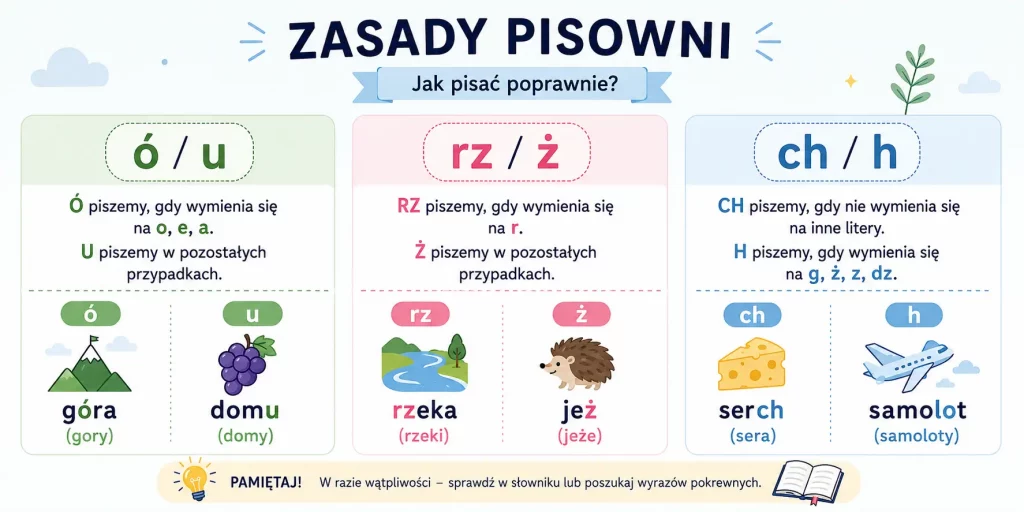 schemat przedstawiający reguły wymiany i zakończeń dla par ó-u, rz-ż, ch-h z przykładami