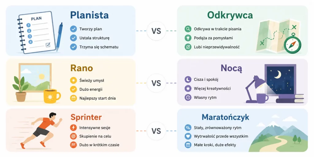 schemat przedstawiający trzy wymiary typu pisarza – planista/odkrywca, poranny/nocny, sprinter/maratończyk