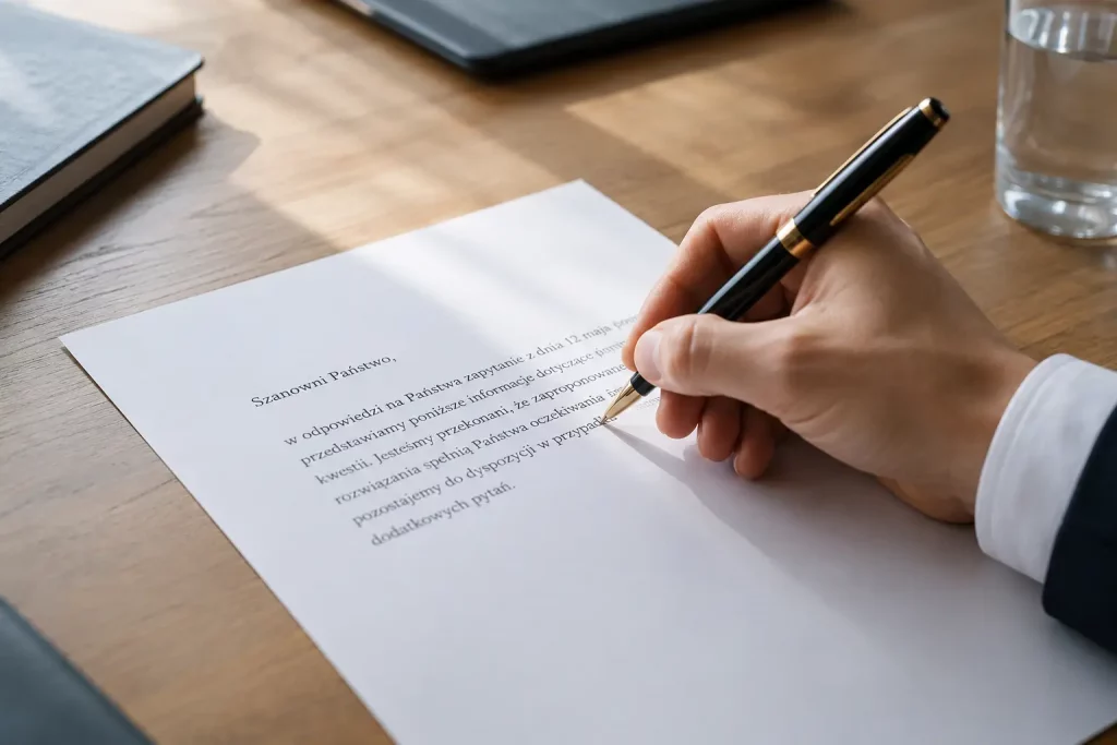 ręka pisze formalny list długopisem na papierze firmowym, naturalne światło z okna