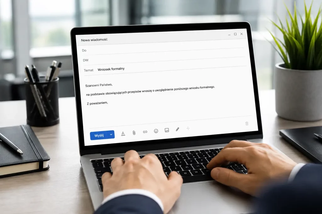 ekran laptopa z otwartym oknem pisania e-maila, pole tematu wypełnione, dłonie na klawiaturze