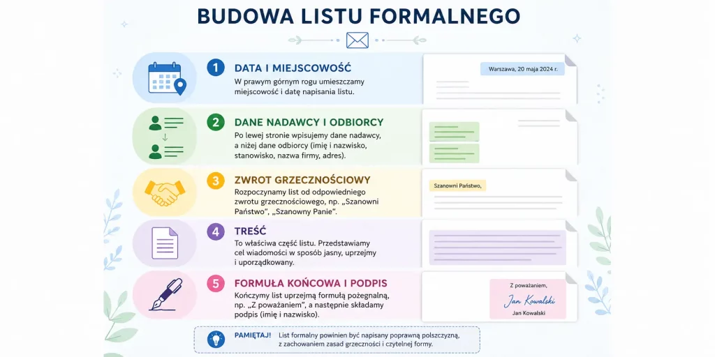 schemat przedstawiający budowę listu formalnego oraz zasady stosowania zwrotów grzecznościowych