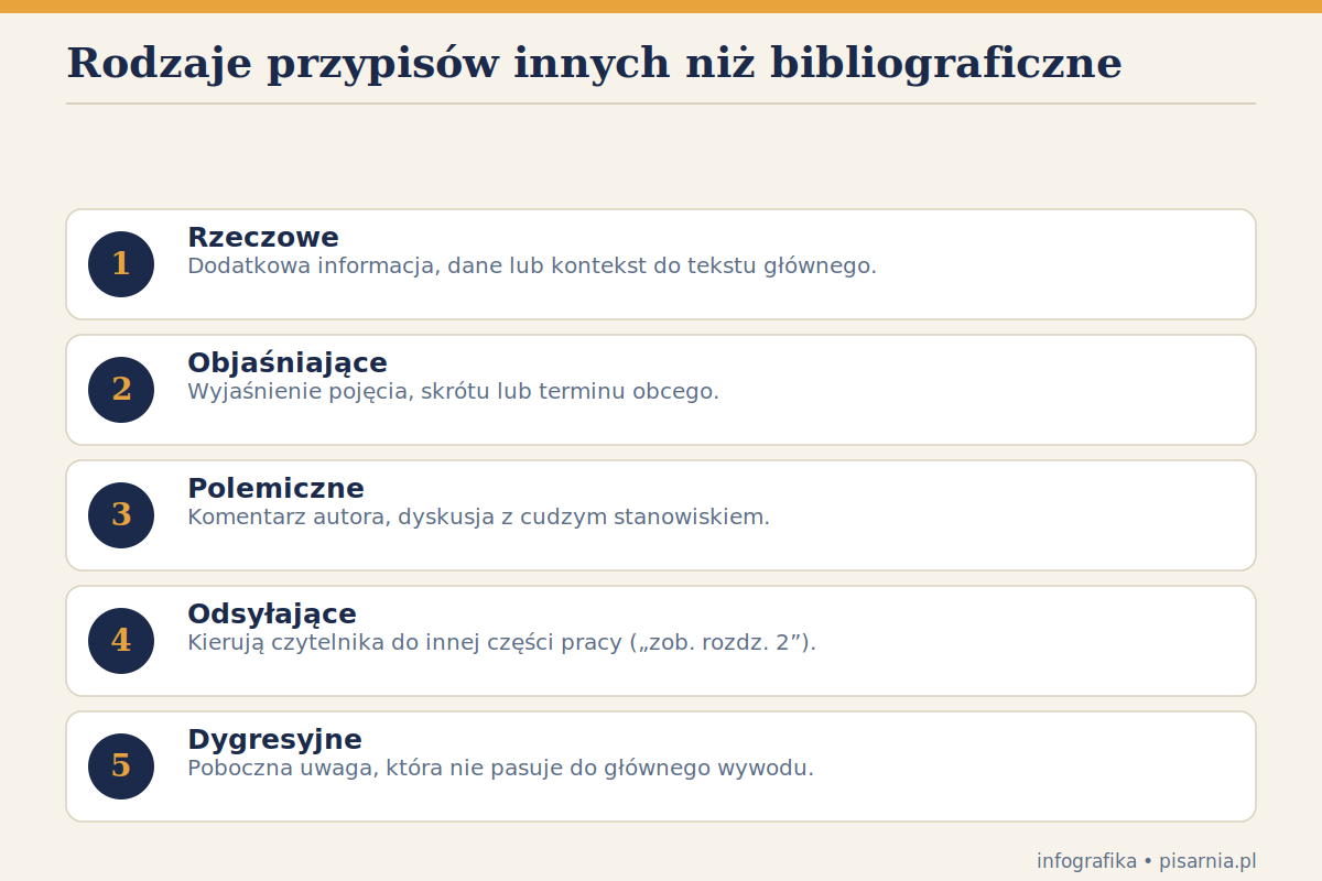 Rodzaje przypisów innych niż bibliograficzne — infografika Rodzaje przypisów innych niż bibliograficzne — infografika