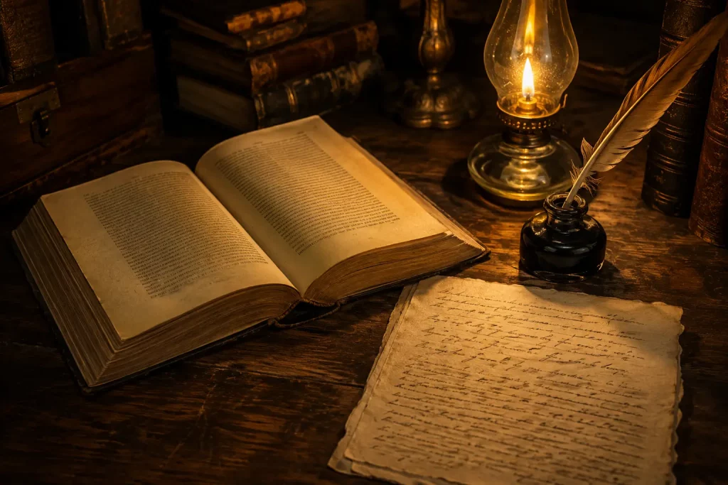 Otwarta stara książka filozoficzna leżąca na biurku obok zapisanego odręcznie arkusza papieru, gęsie pióro w kałamarzu obok, klimat klasycznej, literackiej refleksji, ciepłe światło lampy naftowej.