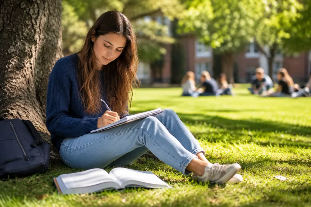 studentka pisze notatki na trawniku kampusu pod drzewem, słoneczne wiosenne popołudnie