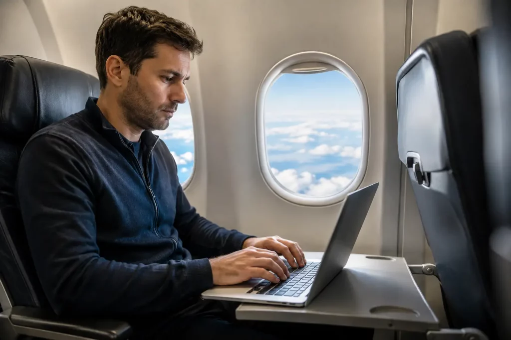 mężczyzna pisze notatki na laptopie w samolocie, chmury widoczne przez okno