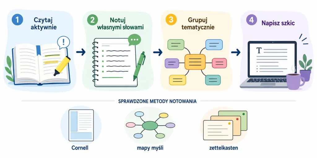 schemat przedstawiający proces od notowania aktywnego do gotowego tekstu, z trzema metodami notowania i zasadą zapisywania źródeł