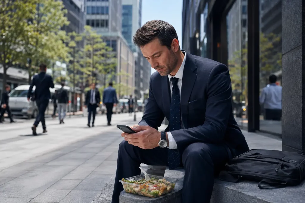 mężczyzna sprawdza LinkedIn na telefonie podczas przerwy obiadowej przed biurowcem, ruchliwa ulica w tle