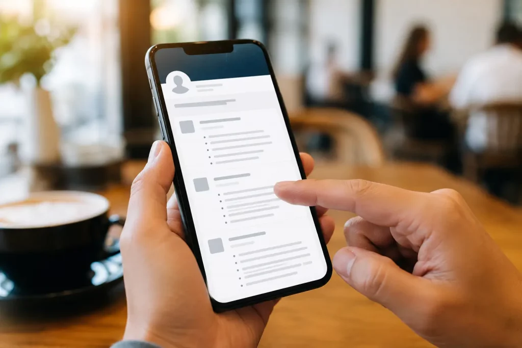 zbliżenie na ekran smartfona z sekcją doświadczenia zawodowego LinkedIn, dłoń przewijająca ekran