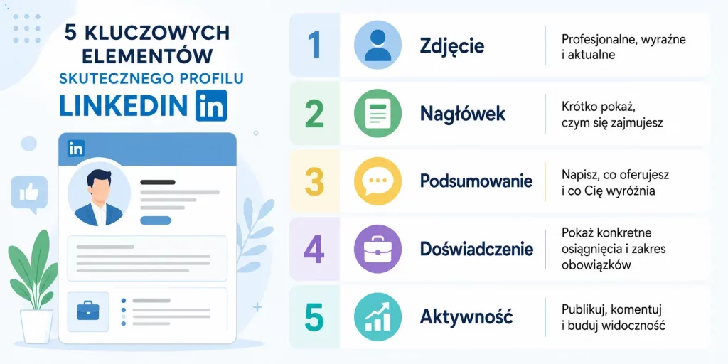  schemat przedstawiający elementy skutecznego profilu LinkedIn – zdjęcie, nagłówek, podsumowanie, doświadczenie, aktywność