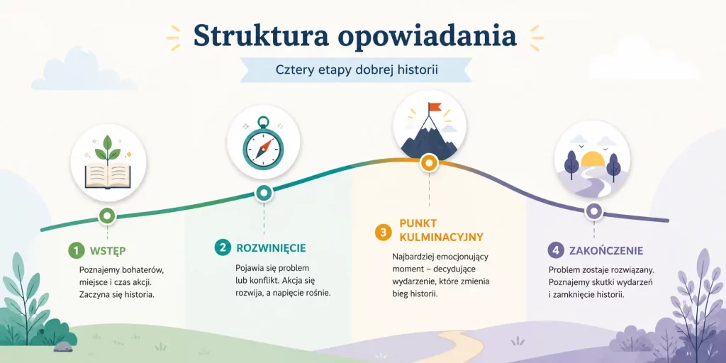 schemat przedstawiający czteroczęściową strukturę opowiadania oraz kluczowe elementy historii