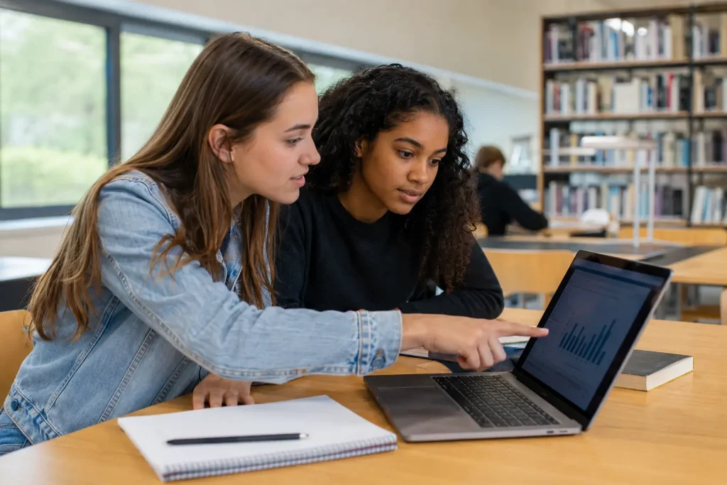 studentka pokazuje wykres na laptopie koleżance w bibliotece, oboje pochyleni nad ekranem