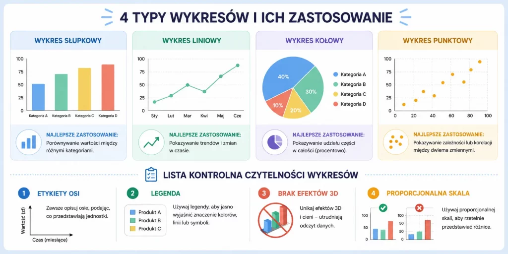 schemat przedstawiający rodzaje wykresów, zasady podpisywania i opisu danych w tekście naukowym