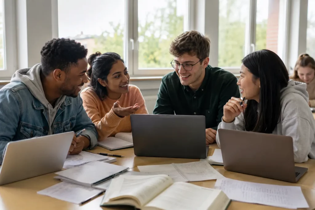 studenci pracują razem nad projektem przy stole w sali uczelnianej, ożywiona dyskusja