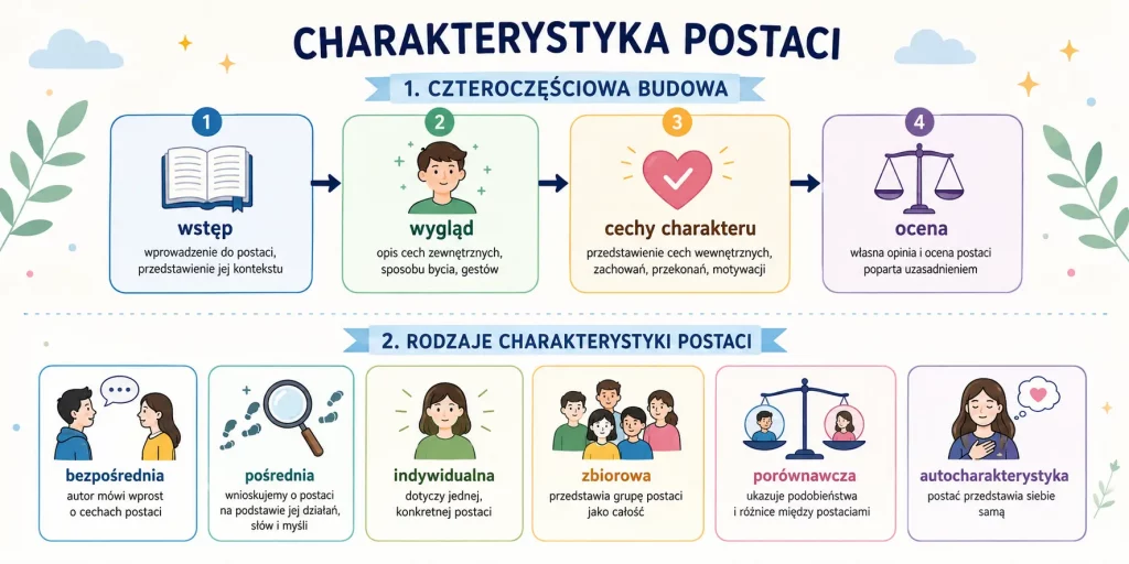 schemat przedstawiający czteroczęściowy plan charakterystyki oraz rodzaje charakterystyki postaci