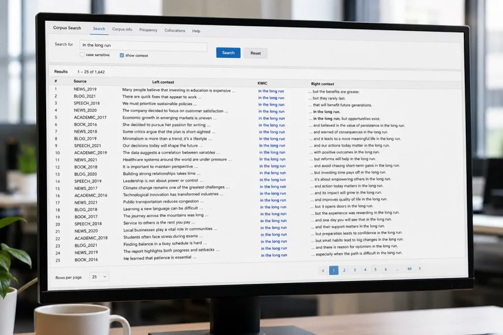 zbliżenie na ekran monitora z wyszukiwarką korpusu tekstów i listą przykładów zdań