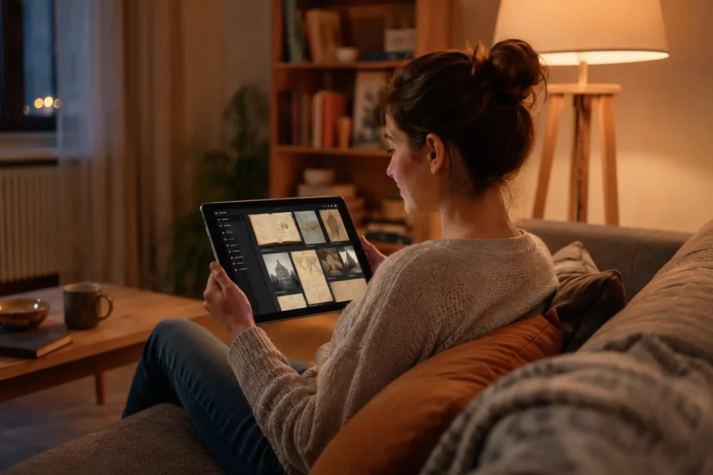 kobieta przegląda zdigitalizowane zbiory biblioteczne na tablecie w salonie, miękkie wieczorne światło
