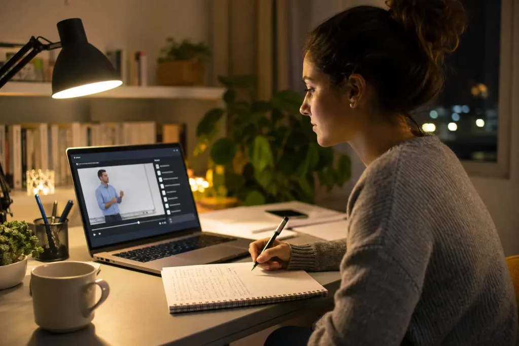 kobieta uczy się na kursie online wieczorem przy laptopie, notatnik obok, ciepłe światło lampy