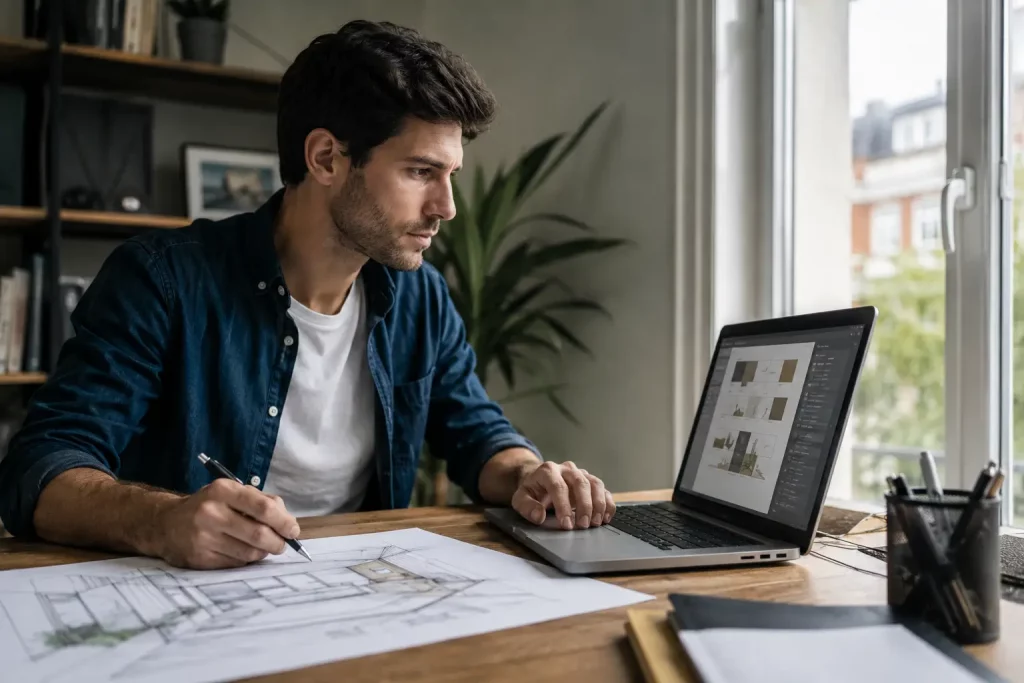 mężczyzna pracuje nad projektem portfolio przy biurku, szkic na papierze i laptop, naturalne dzienne światło