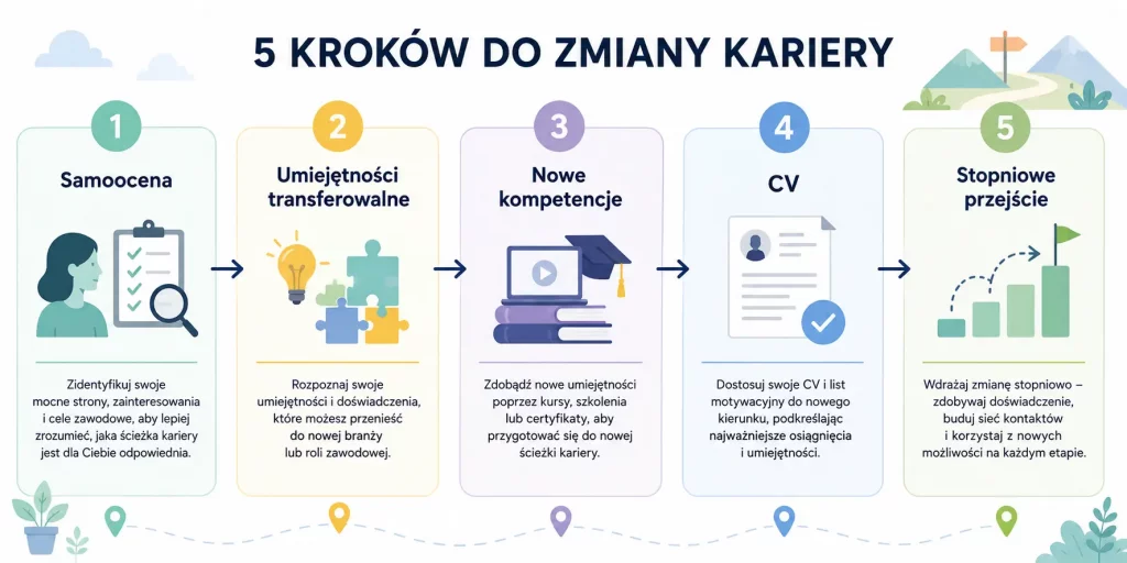 schemat przedstawiający kroki zmiany branży – samoocena, przenoszalne umiejętności, nowe kompetencje, CV, stopniowe przejście