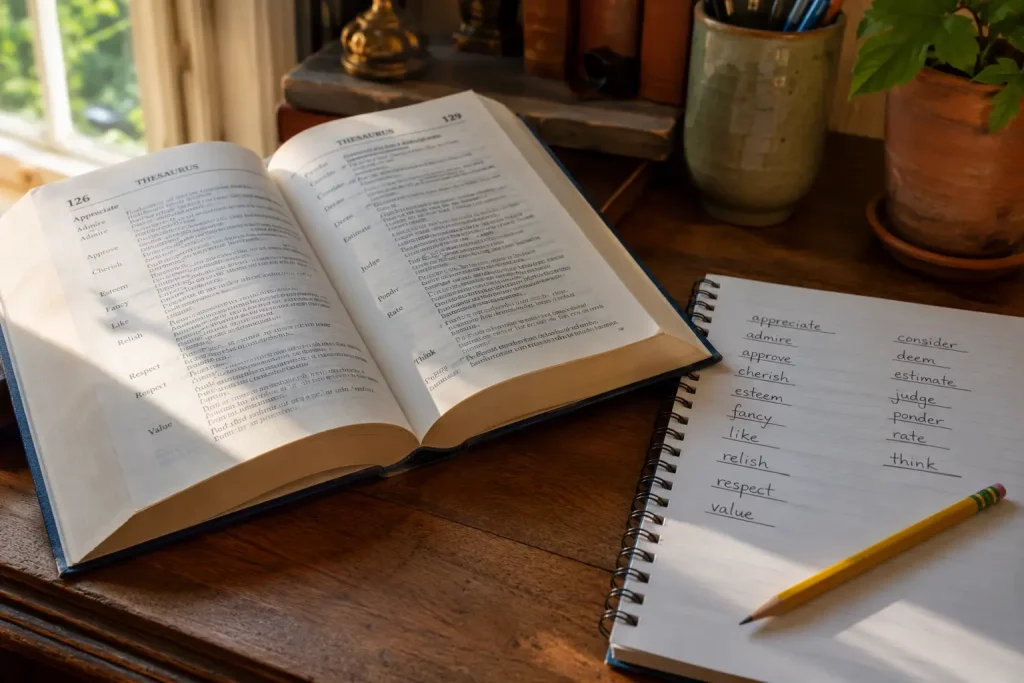 otwarty słownik synonimów na biurku obok notatnika, ciepłe popołudniowe światło