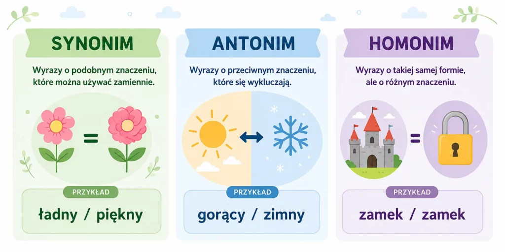 chemat przedstawiający różnice między synonimem, antonimem i homonimem z przykładami każdego zjawiska