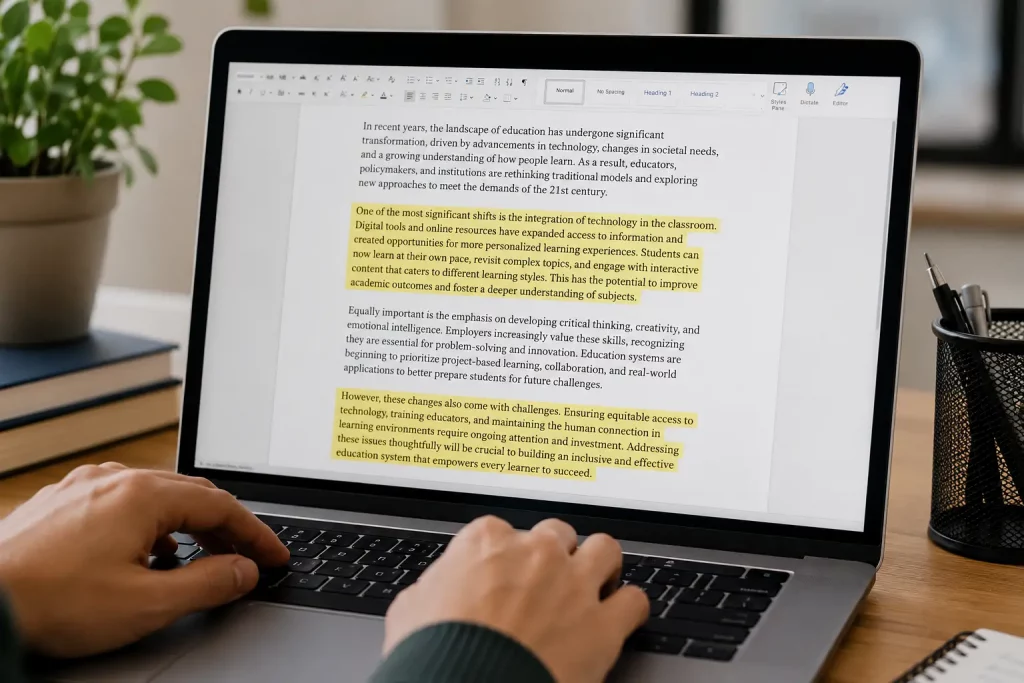 ekran laptopa z zaznaczonymi długimi zdaniami w dokumencie, dłonie na klawiaturze