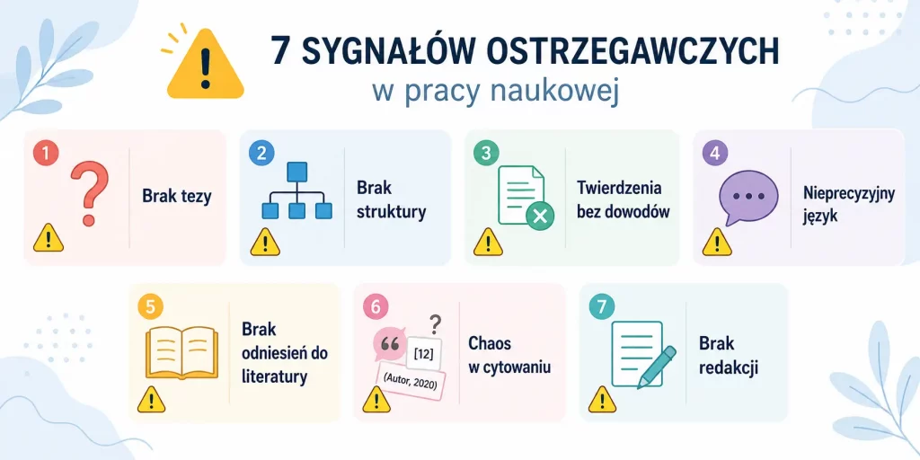 schemat przedstawiający siedem sygnałów ostrzegawczych słabego tekstu naukowego wraz ze sposobami ich naprawy