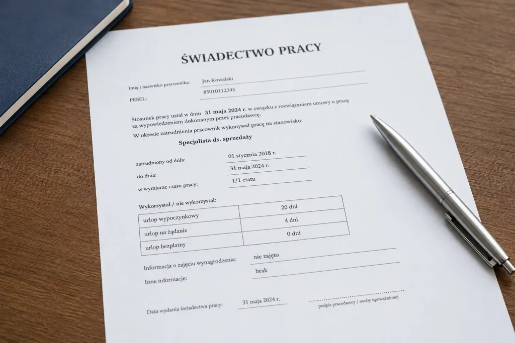 zbliżenie na dokument świadectwa pracy z rubrykami dat i stanowiska, długopis obok