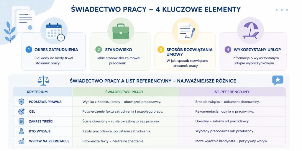 schemat przedstawiający elementy świadectwa pracy oraz różnicę między świadectwem a referencjami
