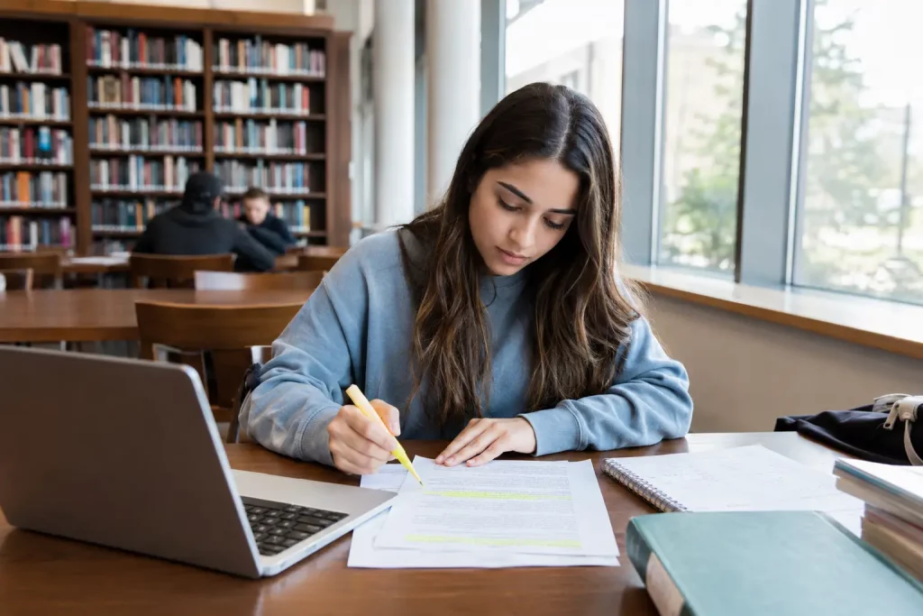 studentka w bibliotece przegląda regulamin stypendialny przy laptopie, naturalne dzienne światło