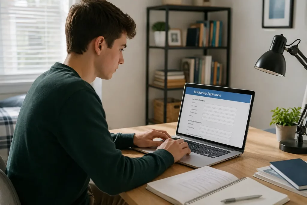student wypełnia elektroniczny wniosek stypendialny na laptopie, skupiony wyraz twarzy