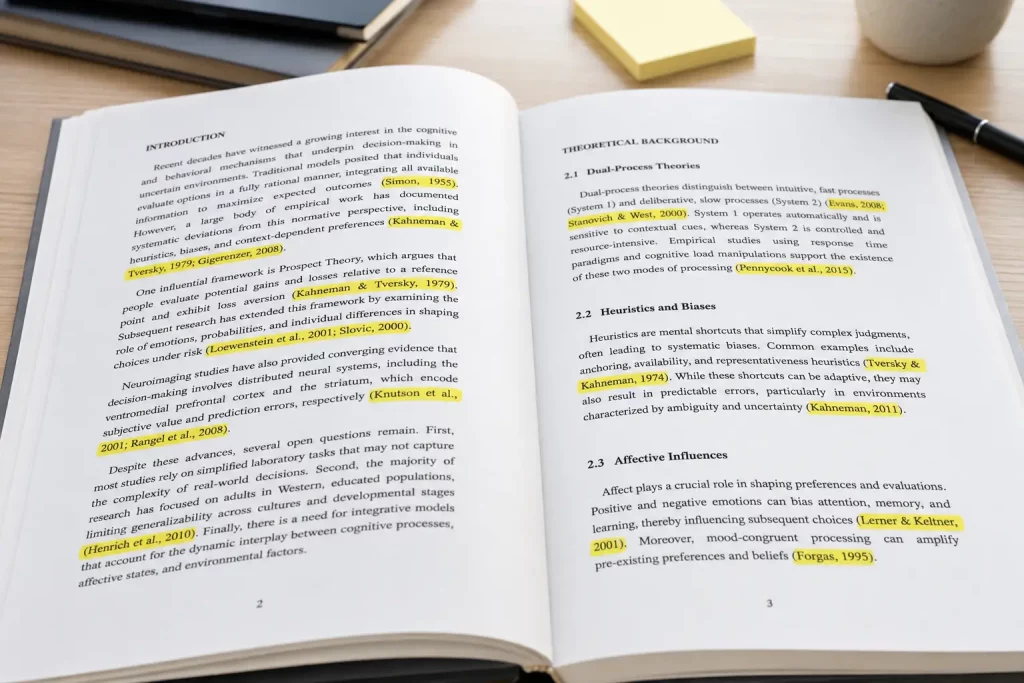 praca naukowa z widocznymi powołaniami w nawiasach, jasne biurowe oświetlenie