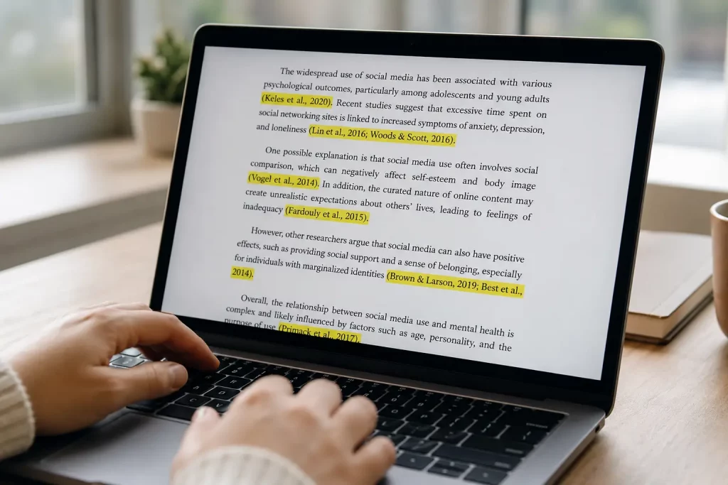 ekran laptopa z powołaniami w nawiasach podświetlonymi na żółto, dłonie na klawiaturze