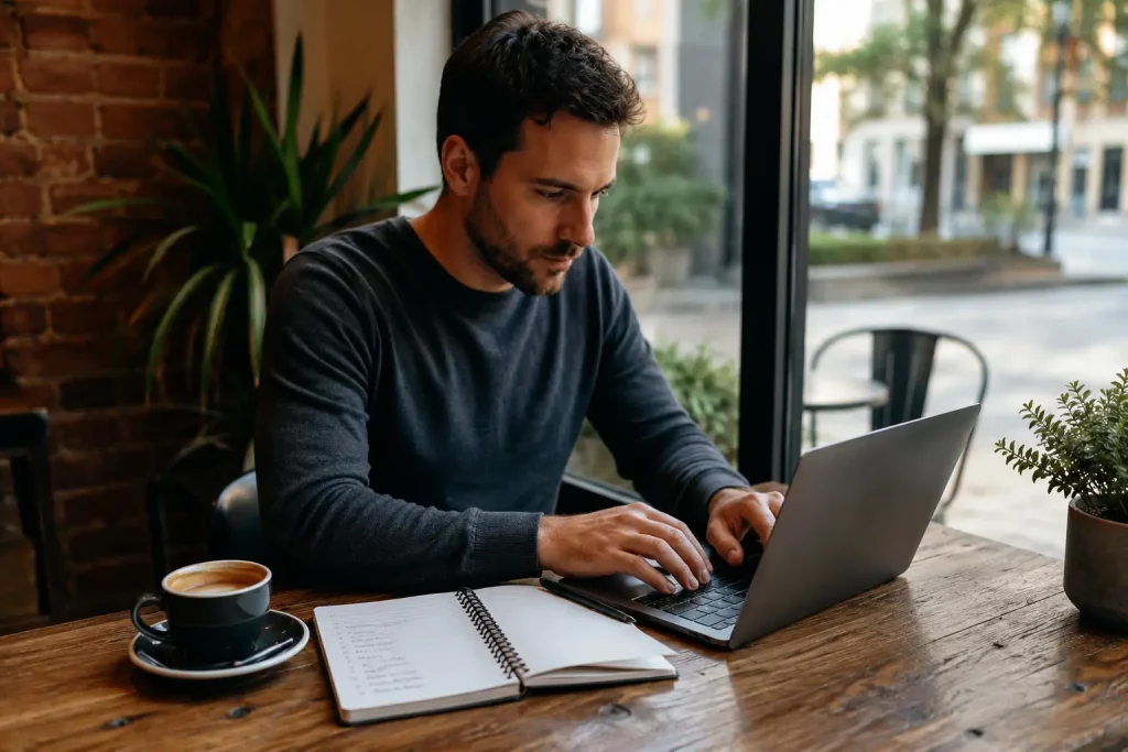 freelancer pracuje przy laptopie w kawiarni, notatnik z listą projektów obok
