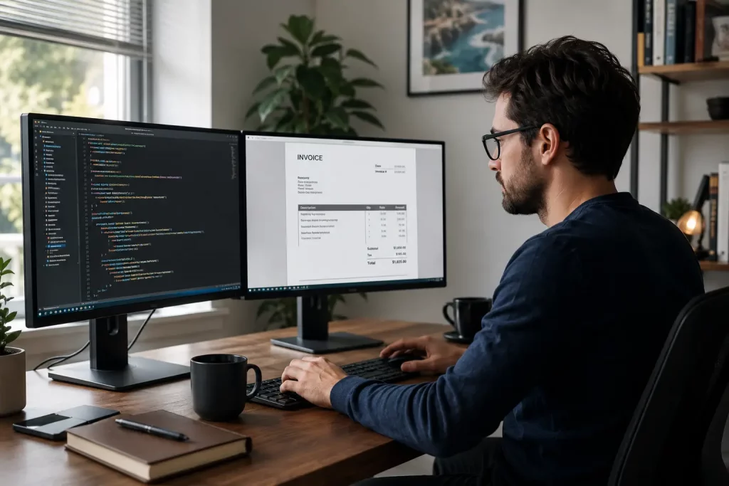 programista przy dwóch monitorach w domowym biurze, na jednym kod, na drugim faktura