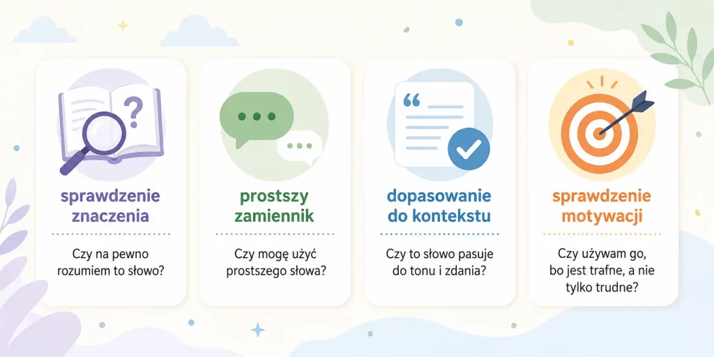 schemat przedstawiający cztery testy pomagające ocenić, czy dane słowo wzbogaca tekst, czy szkodzi mu