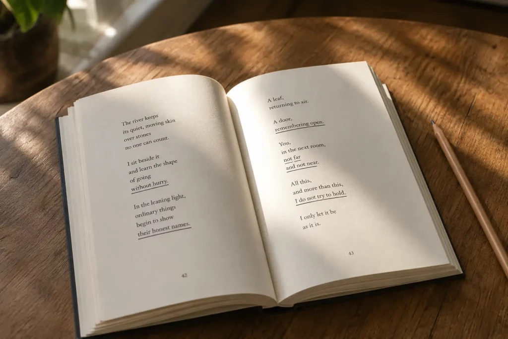 otwarty tomik poezji z zakreślonymi fragmentami, ołówek obok, popołudniowe światło