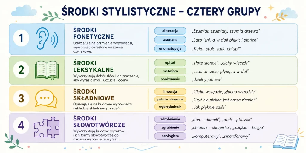 schemat przedstawiający podział środków stylistycznych na grupy wraz z przykładami każdego z nich